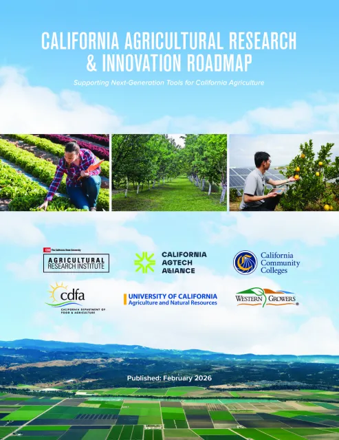 Cover of the California Agricultural Research & Innovation Roadmap, which features images of farmers and researchers working with crops and an aerial view of rectangular agricultural fields and mountains