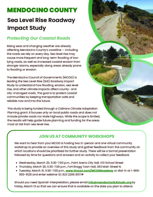 Flyer for Mendocino County's Sea Level Rise Roadway Impact Study. It details upcoming workshops and highlights coastal road flood risks with images of scenic coastal roads. Emphasizes community engagement and adaptation efforts.