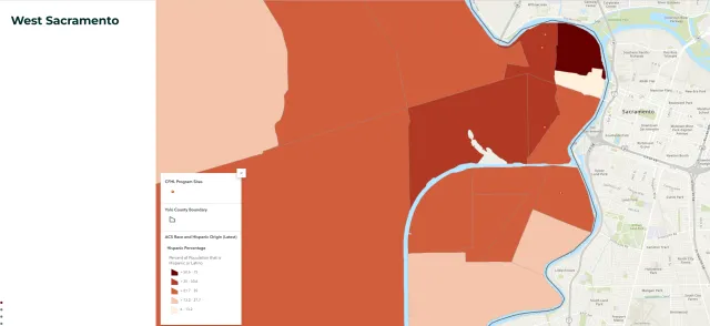 Side panel space next to describe a static image showing West Sacramento in a StoryMap