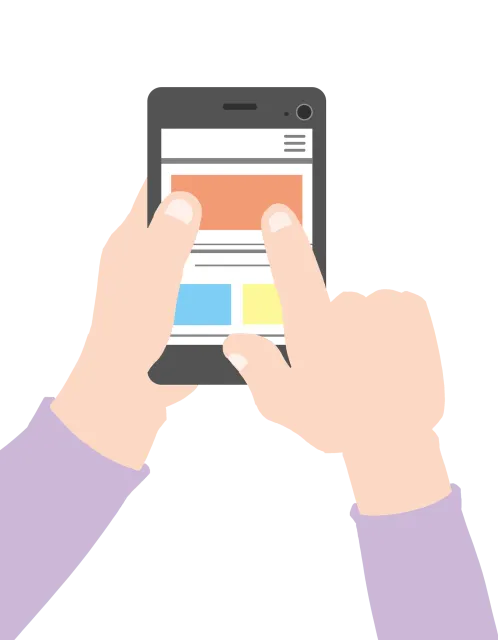 Illustration of a person holding a mobile phone with an application open on the screen.