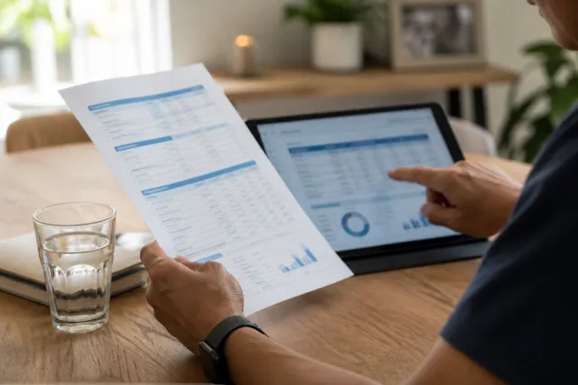 A person reviews a printed or digital report on a table with a glass of water nearby, representing how individuals access and interpret information about drinking water quality.