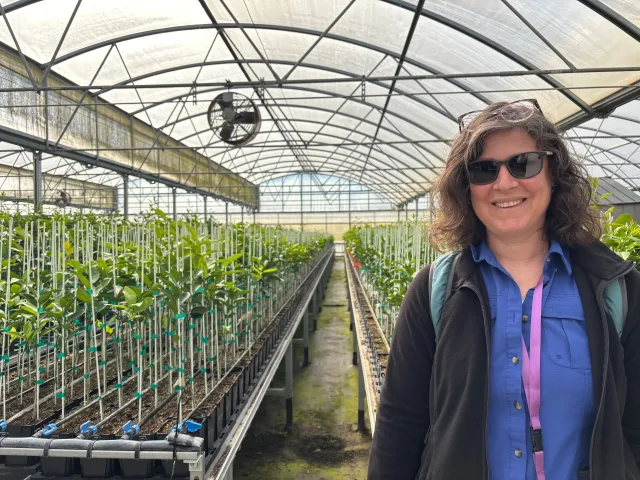 A woman stands in a greenhouse. Tables of growing plants are behind her.