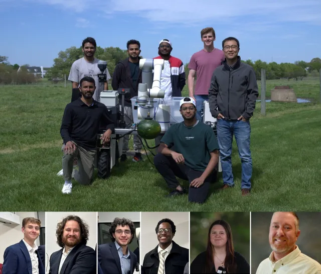 UD Blue Hens team of University of Delaware pose by a robotic device in a field