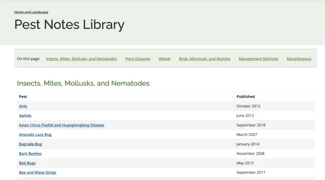 A screenshot of the UC IPM Pest Notes Library home page