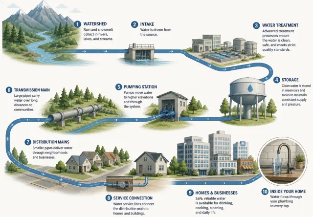 An illustrated diagram showing how water moves from a mountain watershed through intake, treatment, storage, and pumping systems, then through pipelines to homes and businesses.