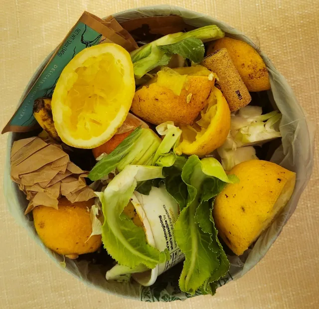 Colorful fruit and vegetable scraps in a bowl on a kitchen counter.