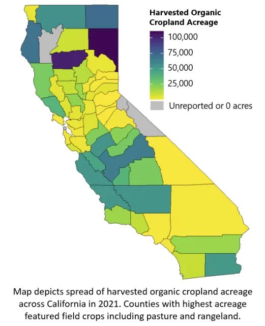 Map depicts spread of harvested organic cropland acreage across California in 2021. Counties with highest acreage featured field crops including pasture and rangeland.