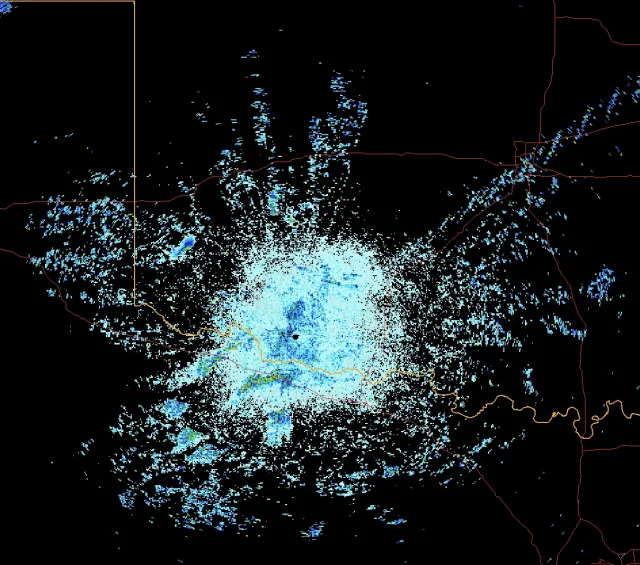 This radar scan of a July sunset in Oklahoma skies shows moths flying.