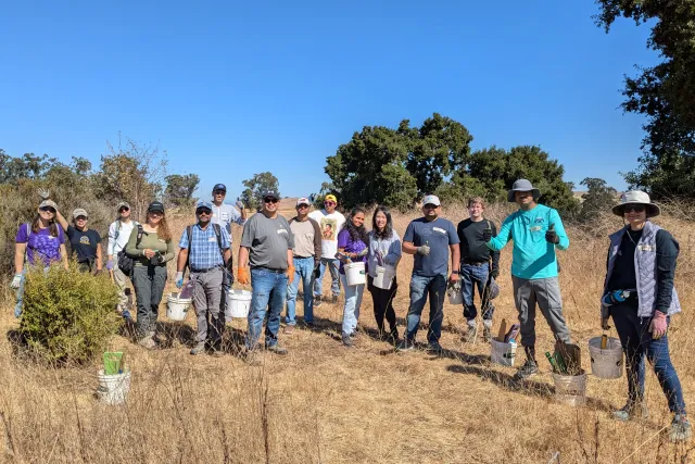 Kristin Polidoro (at far left) with a corporate group volunteering through Grassroots Ecology at Pearson-Arastradero Preserve in Palo Alto