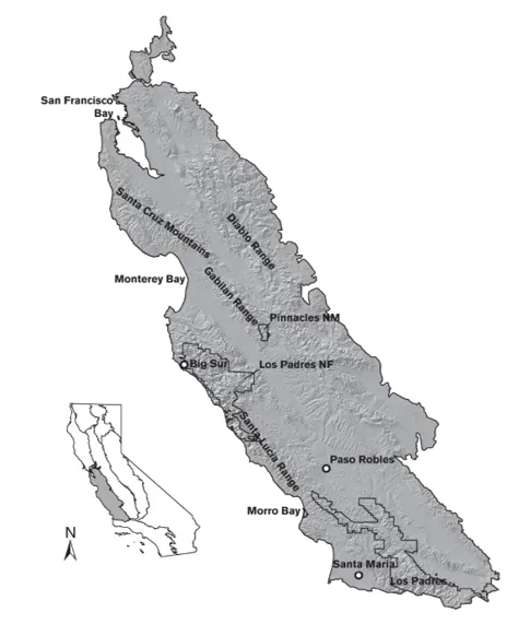A map illustrating the geographic range of the Central Coast bioregion.