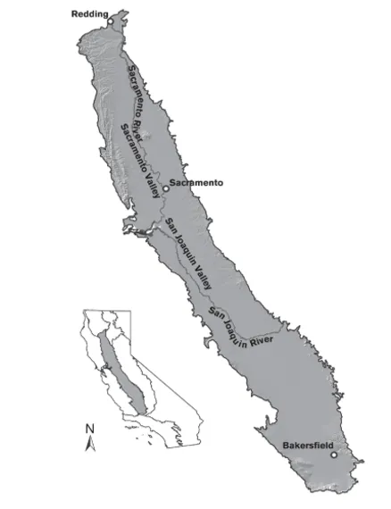 A map illustrating the geographic range of the Central Valley bioregion.