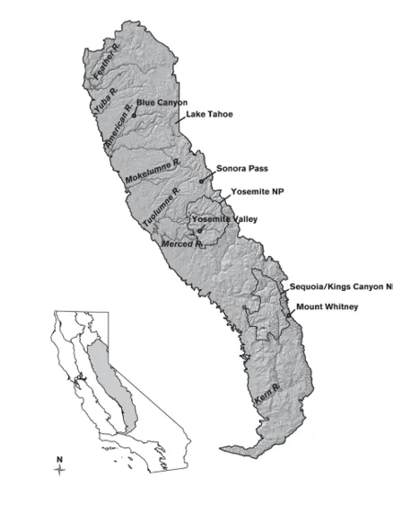 A map illustrating the geographic range of the Sierra Nevada bioregion.