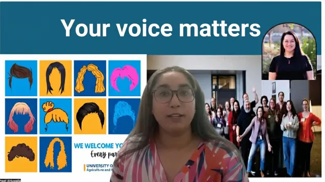 Your voice matters with Preet Ahluwalia, area director in front of a screen with a variety of colorful hair styles that says everyone is welcome and a photo of the current ICAC members