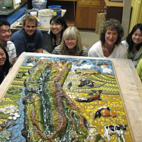 “California's Gold” artists include (from left) students Stacy Matsuura, Joji Kume, Frank Sousa, Lesli Hamamoto, community member Joy Elson, professor Diane Ullman, alumna Feiyian Yoong and community member Barbara Engel.