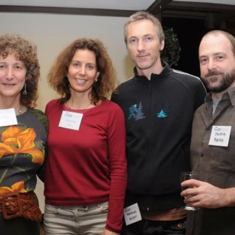 AT THE RECEPTION--From left are entomologist Diane Ullman, associate dean of Undergraduate Academic Programs, College of Agricultural and Environmental Sciences, and co-director of the UC Davis Art/Science Fusion experimental learning program; artist Catherine Chalmers; and UC Davis Department of Art faculty members Matthias Geiger and Darrin Martin. (Photo by Kathy Keatley Garvey)