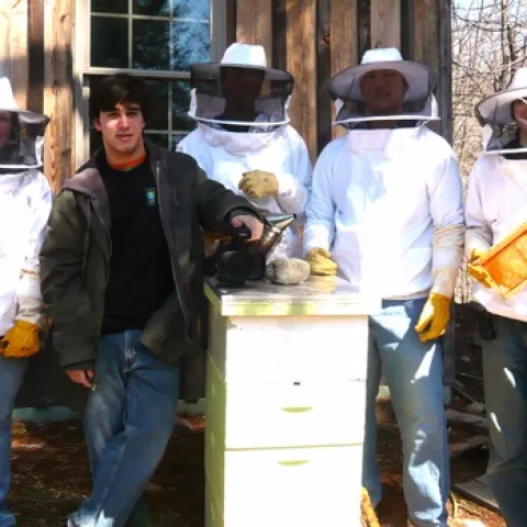 TEAM B.E.E.S.--These high school students from Allendale, N.J., are learning to be beekeepers and are educating the public about the importance of bees. From left are Camila Robbins, Bryan DiBlasi, Malith Waharaka, Colin Bassett, and Manny Gonzalez. However, Allendale prohibits backyard beekeeping. They're lobbying to change the ordinance.
