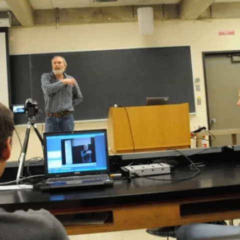 SPEAKER Terry Griswold of the USDA-ARS speaks at a noonhour lecture at the UC Davis Department of Entomology. In the foreground are Webcasters and graduate students James Harwood and Amy Morice of the James Carey lab. Directly in front of Morice is Emily Bzydk, a graduate student who studies with major professor Lynn Kimsey. (Photo by Kathy Keatley Garvey)