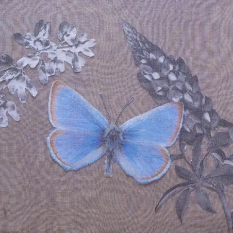 THIS PIECE, "Disappearing Mission Blue," by visual artist Carol Newborg of the San Francisco Bay Area is one of the ecoart works displayed this weekend in the Marin Civic Center Auditorium and Exhibit Hall, San Rafael. Entrance to the show, which continues through Sunday, is free.