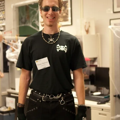 UC DAVIS graduate student Matan Shelomi, who studies with major professor Lynn Kimsey, director of the Bohart Museum of Entomology, scored a big hit in this costume. "He looks just like Billy the Exterminator!" Kimsey exclaimed. (Photo by Louie Yang)