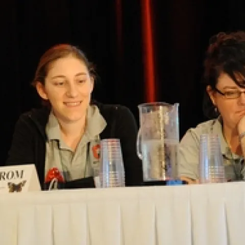 2010 CHAMPIONSHIP LINNAEAN TEAM is Ohio State. From left are Joshua Bryant, Kaitlin Uppstrom, Nicola Gallagher and Glene Mynhardt, battling with UC Davis. Ryan Caesar (not pictured) later participated on the team. (Photo by Kathy Keatley Garvey)