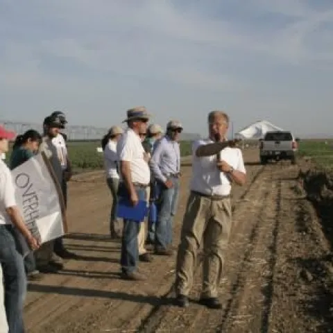 Jeff Mitchell addresses farmers at last year's twilight CT field day.