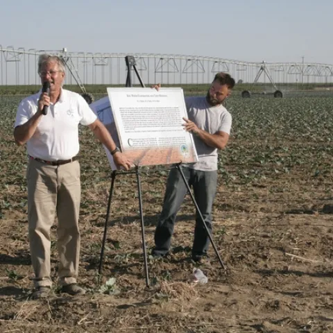 Jeff Mitchell presents research updates on a broccoli field with overhead irrigation.