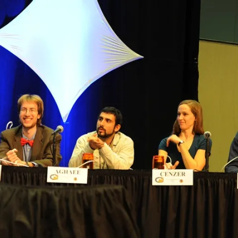 UC Davis team of Matan Shelomi, Mohammad-Amir Aghaee, Meredith Cenzer and Andrew Merwin competed in the semi-finals. (Photo by Kathy Keatley Garvey)