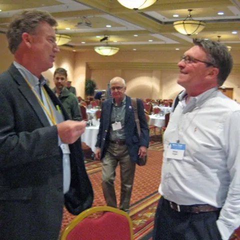 Dan Munk (left) and Michael Dowgert, the Fresno-based director of marketing for Netafim, an irrigation company.