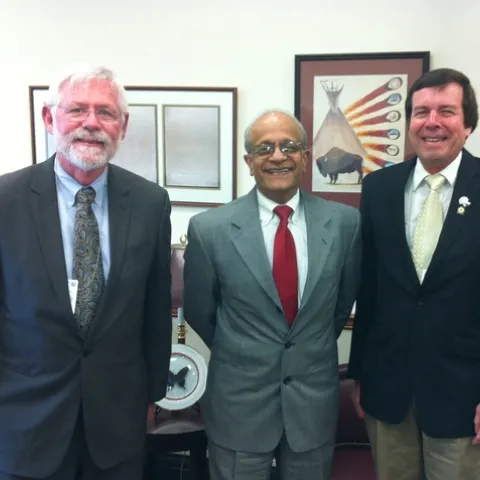 ESA vice president Frank Zalom (far right) of UC Davis with ESA president Robert Wiedenmann (far left) of the University of Arkansas, and Sonny Ramaswamy, director of the USDA’s National Institute of Food and Agriculture (NIFA). (Photo courtesy of ESA)