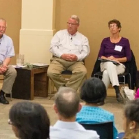 Jeff Mitchell, John Diener and Renata Brillinger head panel discussion of farming practices related to drought. Photo by Jonathan Fong.