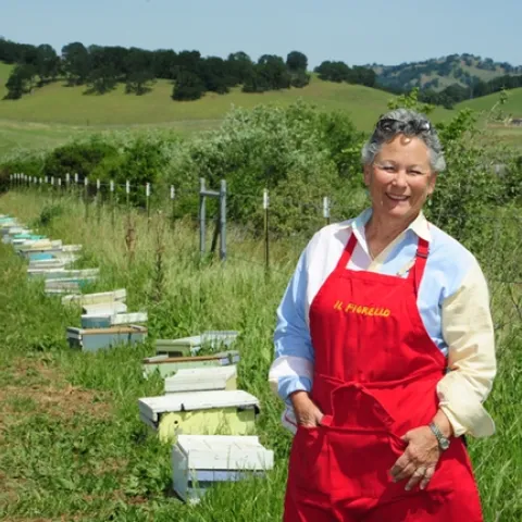 Ann Sievers stands by her bees, a new addition to IL Fiorello. This week is National Pollinator Week. (Photo by Kathy Keatley Garvey)