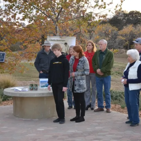 Phil Hogan, USDA NRCS Yolo County (left) presenting 2015 Conservation Tillage Farmer Innovator Award to family of Charlie Rominger, Winters, CA. December 2, 2015.