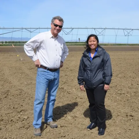 UC Cooperative Extension Fresno County Advisor, Dan Munk, and CDFA Specialty Crop Block Grant Program, Sheila Morco, at the cover crop water use study site in Five Points, CA