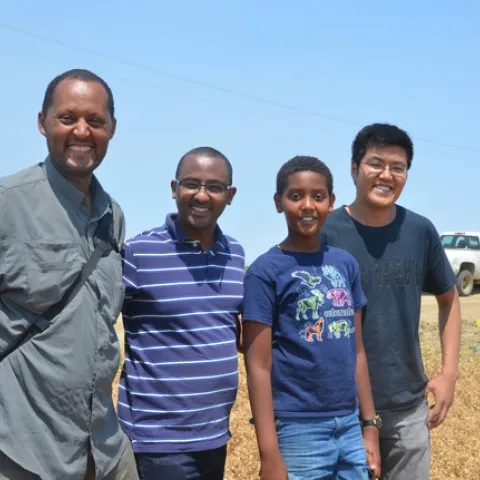 Teamrat Ghezzehei, Samuel Araya, Essey Afewerki, and Jing Yan, (left to right) at the NRI Project field in Five Points, July 12, 2017