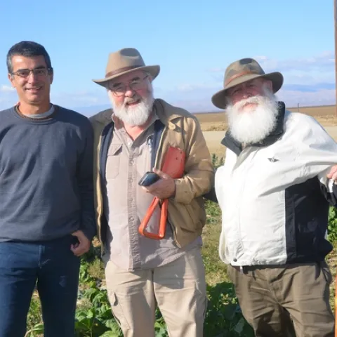 Roberto Botelho, Angus Wright, and Tom Willey (left to right) visit the NRI Project field in Five Points, CA, February 22, 2018