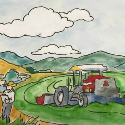 The mural includes a small rendering of Steve Orloff. He is shown wearing a cowboy hat and holding a clipboard.