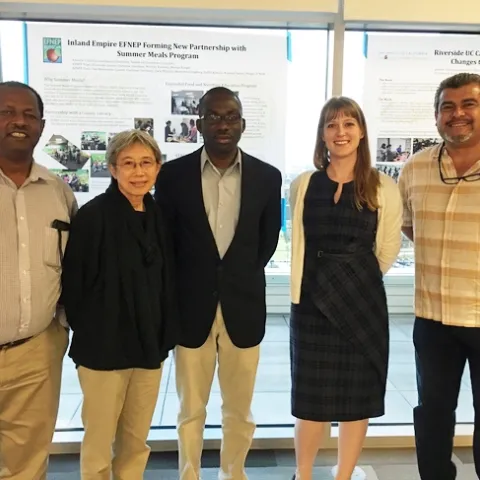 GFI fellows discussed future food systems with UCCE advisors. From left to right: Oli Bachie (Imperial County); Chutima Ganthavorn, (Riverside and San Bernardino); Laurent Ahiablame, (San Diego); Natalie Price (Los Angeles) and Ramiro Lobo (San Diego)