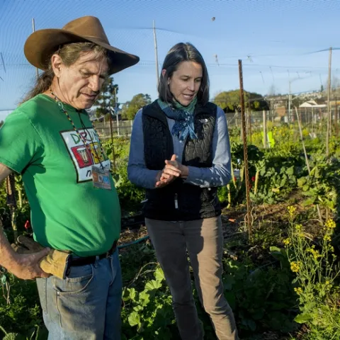 Jennifer Sowerwine discusses plantings with Jon Hoffman, farm manager of the UC Gill Tract Community Farm in Albany. PHOTO: Saul Bromberger