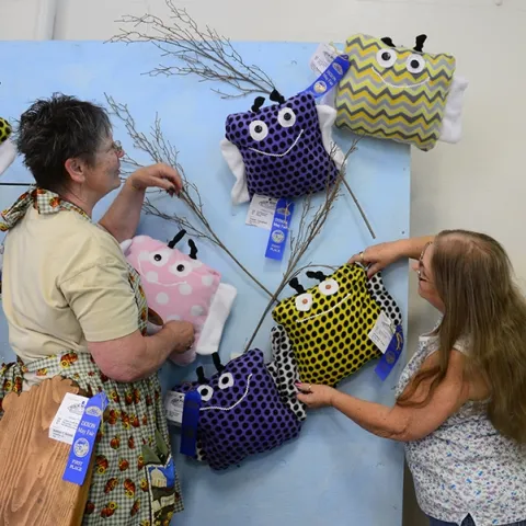 Dixon May Fair Youth Building superintendent Building superintendent Stephanie Hill (left) of Yuba City and assistant building superintendent Pat Connelly of Vacaville hang bumble bee pillow, the work of Solano County 4-H'ers. (Photo by Kathy Keatley Garvey)