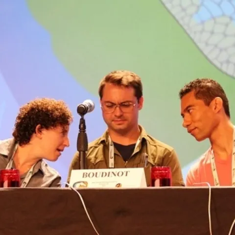 At the 2016 Championship Linnaean Games, team captain Ralph Washington Jr. (far right) consults wiith fellow team members Emily Bick and Brendon Boudinot. (Photo by Chuck Fazio)