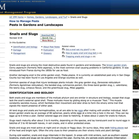 UC IPM Pest Note on Snails and Slugs. http://ipm.ucanr.edu/PMG/PESTNOTES/pn7427.html