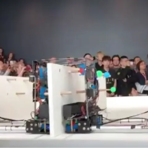 CAU Dream Team's robot picked "apples" in two lanes at once. Photo by Michael Gutierrez.