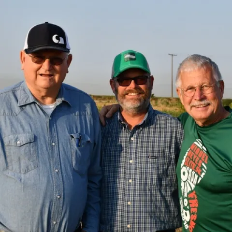 Kelly O’Neill (left), Patrick O’Neill (center) and Jeff Mitchell (right) visiting the CASI NRI Project field in Five Points, CA on August 13, 2018