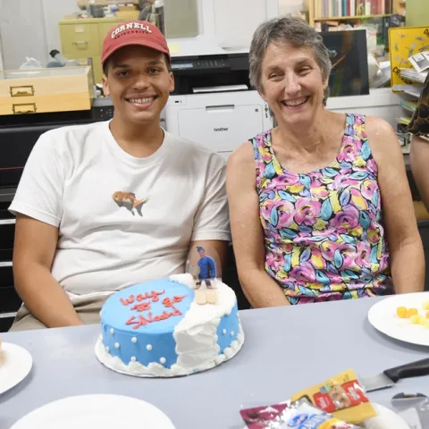 Lynn Kimsey, director of the Bohart Museum of Entomology, shares a laugh with Noah Crockette, now an entomology major at Cornell. (Photo by Kathy Keatley Garvey)