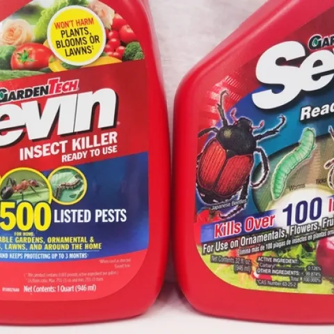 Figure 1. Product labels often look very similar even when the ingredients change. On the left is the product containing zeta-cypermethrin; the one on the right contains carbaryl.