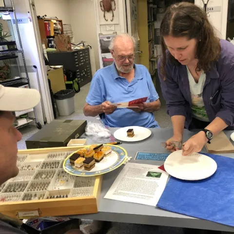 Tabatha Yang, education and outreach coordinator for the Bohart Museum of Entomology, serves dessert at Robbin Thorp's birthday celebration while the distinguished emeritus professor reads the birthday wishes. (Photo by Kathy Keatley Garvey)