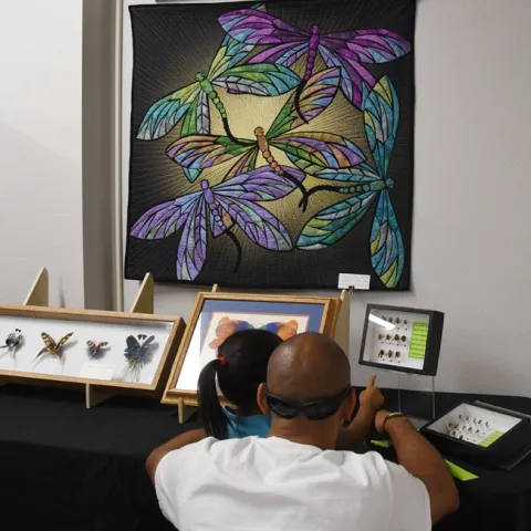 This quilted wall hanging of dragonflies is the work of quiltmaker and seamstress Ann Babicky of Schofield, Wis. Entomologist Jeff Smith, who curates the butterfly and moth specimens in the Bohart, loaned it for the open house. (Photo by Kathy Keatley Garvey)