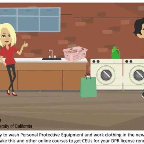 Screen shot from PPE online course, hanging up work clothing after washing it.
