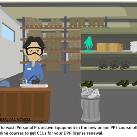 Screen shot from UC IPM online PPE course, washing personal protective equipment.