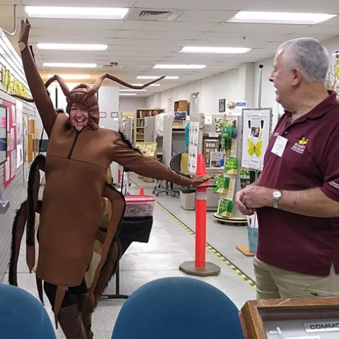 Karey Windbiel-Rojas' cockroach costume proved a crowd pleaser at the Bohart Museum of Entomology open house. Here entomologist Jeff Smith, who curates the butterflies and moths at the Bohart, gives his approval. Windbiel-Rojas, with the UC Statewide Integrated Pest Management Program (UC IPM) is the associate director for Urban and Community IPM. (Photo by Tabatha Yang)